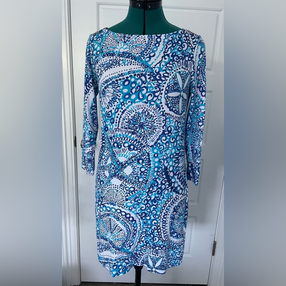 Lilly Pulitzer, Blue Ocean Print, 3/4 Length Sleeve Sun Dress
